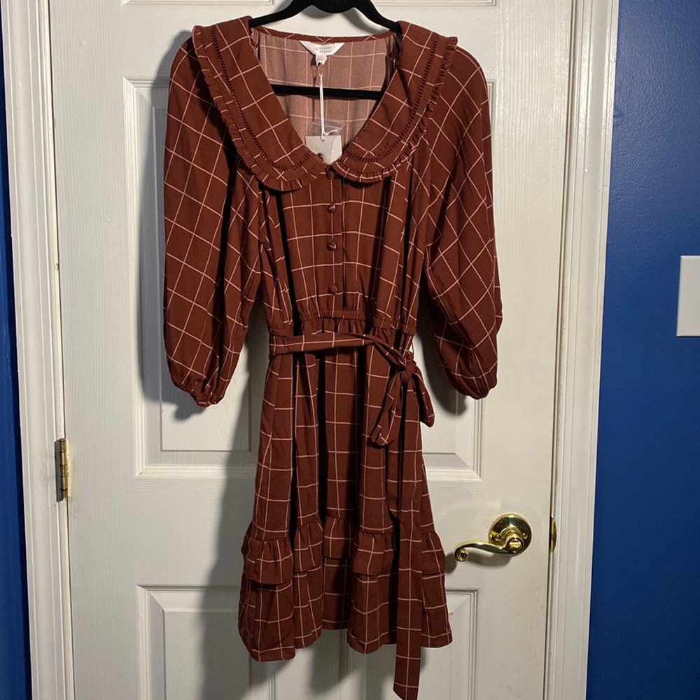 Lauren Conrad Ruffle Chiffon Midi Dress Rust Brown Medium NWT